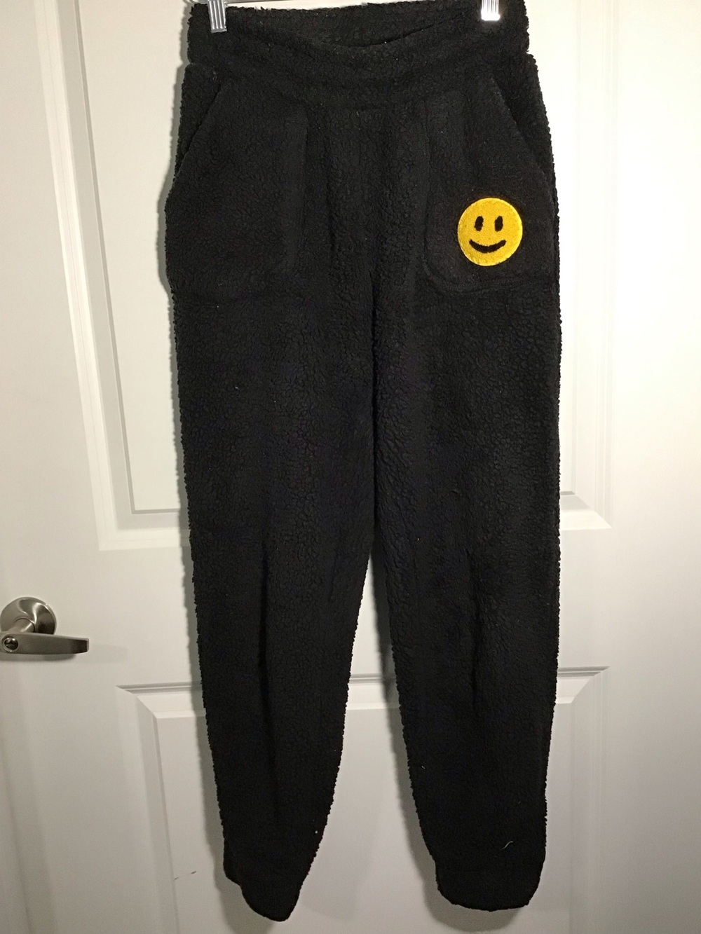 No Boundaries Black Fuzzy Joggers with Yellow Smiley Patch